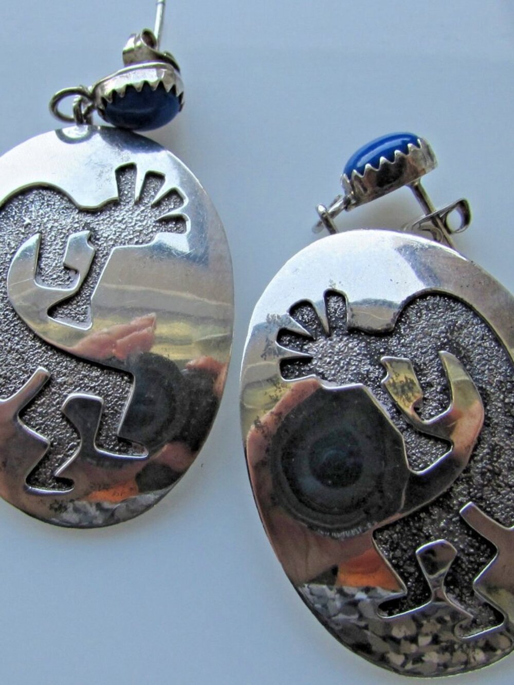 Sterling Silver  Kokopelli   Earrings Pierced  Overlay Lapis Blue Fertility God